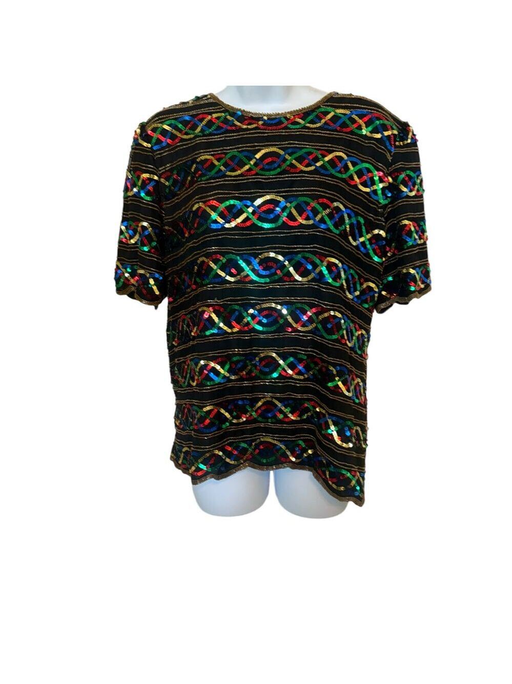 Vintage 80's Laurence Kazar Black Silk Beaded Top Multicolored Sequins Top    S